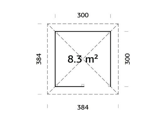 Plan avec les dimensions 300 sur 384 et 8,3 mètres carrés