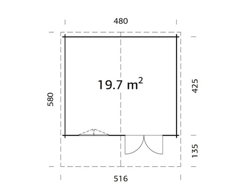 Grundriss mit Maßangaben und einer Fläche von 19,7 Quadratmetern
