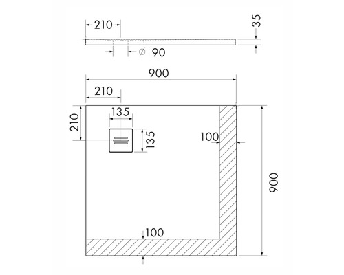 Technische Zeichnung einer Duschwanne mit Maßen.