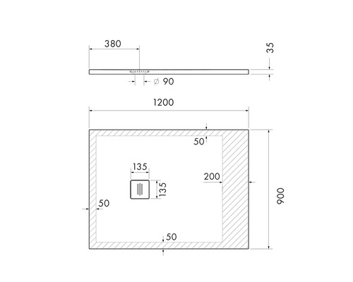 Technische Zeichnung einer Duschwanne mit Maßangaben