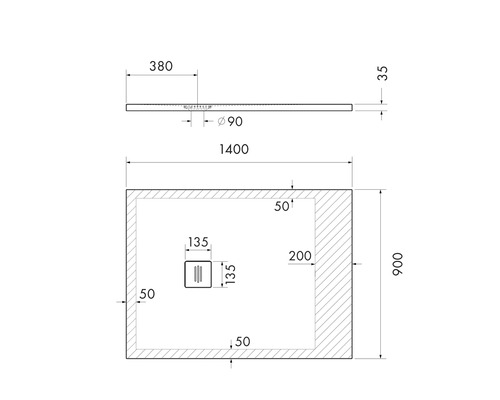 Technische Zeichnung einer Duschwanne mit Maßangaben