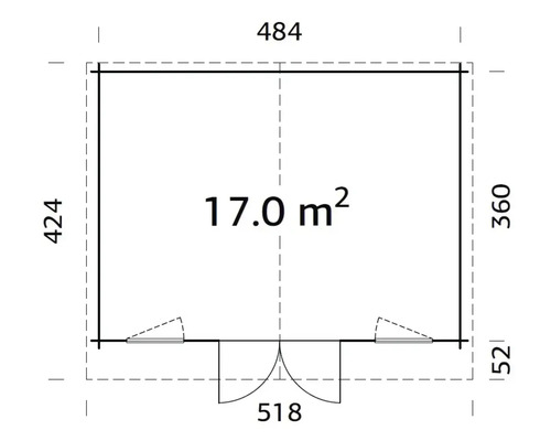 Plan avec des dimensions de 484 x 424 cm, une surface de 17 m² et une porte