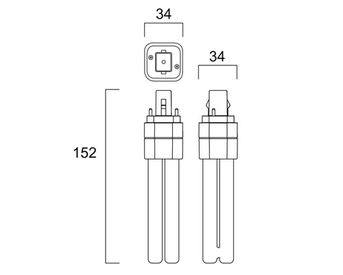Schéma technique d''une lampe fluorescente compacte avec indications de dimensions