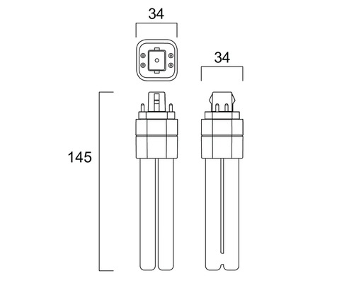 Dimensions d''une lampe fluorescente compacte d''une longueur de 145 millimètres et d''une largeur de 34 millimètres.