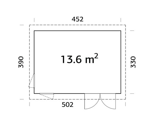 Plan d''étage avec dimensions d''un bâtiment, surface de 13.6 mètres carrés