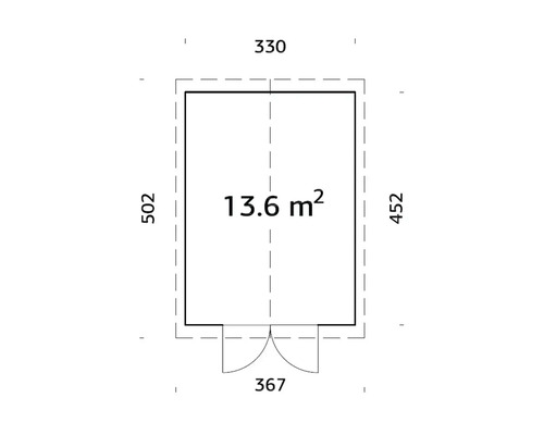 Plan avec dimensions : 13.6 mètres carrés, 330 x 502 x 367 x 452
