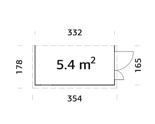 Plan avec les dimensions 332, 354, 178 et 165 avec une surface de 5.4 mètres carrés