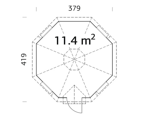 Plan d''un abri de jardin mesurant 379 sur 419 centimètres, d''une superficie de 11,4 mètres carrés.