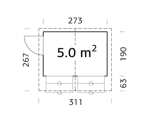 Plan d''un abri de jardin d''une surface de 5,0 mètres carrés et de dimensions 311 sur 267 centimètres.