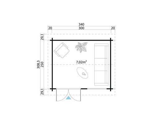 Plan d''un abri de jardin avec mobilier et plantations, superficie de 7,02 mètres carrés.
