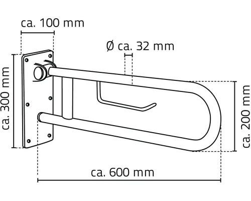 Schéma d''une barre d''appui rabattable avec dimensions