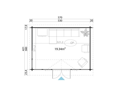 Plan d''un chalet de jardin avec ameublement de salon et indications de dimensions