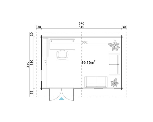 Grundrisszeichnung eines Gartenhauses mit Maßen und Inneneinrichtung