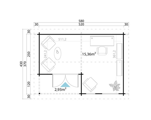 Grundriss eines Gartenhauses mit Möbeln und Maßangaben
