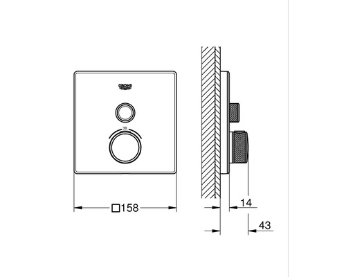 Technische Zeichnung eines Grohe Thermostats mit Maßangaben