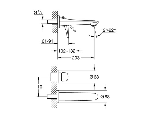 Schéma technique d''un robinet de lavabo avec cotes