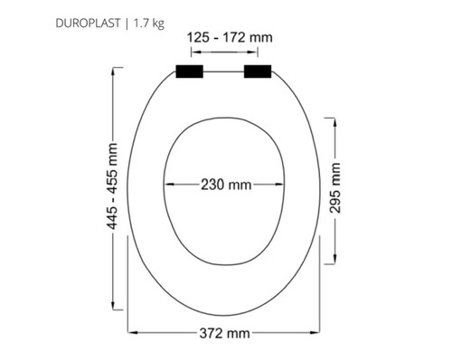 Technische Zeichnung eines WC-Sitzes aus Duroplast mit Maßangaben