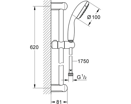 Technische Zeichnung einer Duschstange mit Handbrause und Maßangaben