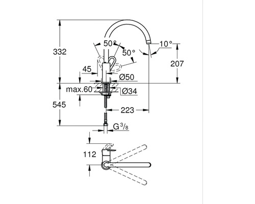Schéma technique d''un robinet avec dimensions.