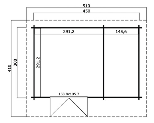 Grundrisszeichnung eines Gartenhauses mit Maßangaben