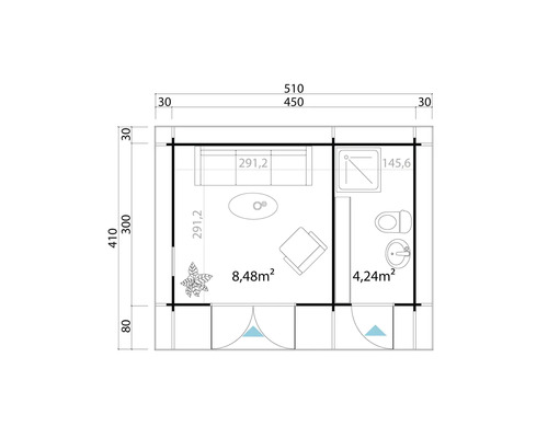 Grundriss eines Gartenhauses mit Wohn- und Sanitärbereich, inklusive Maßangaben.