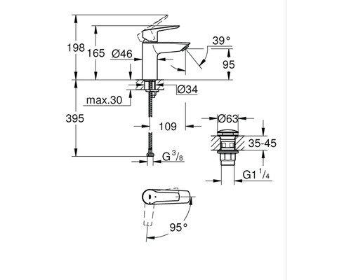 Technische Zeichnung einer Waschtischarmatur mit Maßangaben