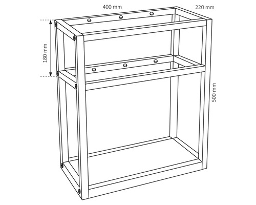 Dessin schématique d''un meuble sous-lavabo mesurant 400 mm de large, 220 mm de profondeur et 500 mm de haut.