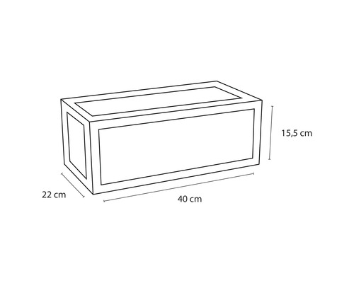 Schéma technique d''un bac à plantes mesurant 40, 22 et 15,5 centimètres.