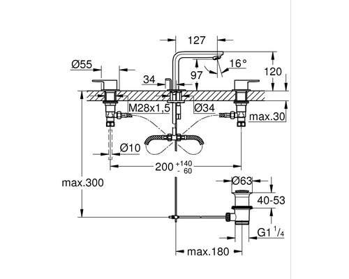 Technische Zeichnung einer Badarmatur mit Maßen