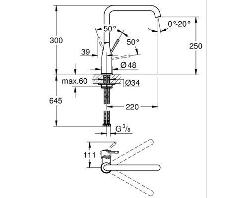 Schéma coté d''un robinet de cuisine avec indication des dimensions