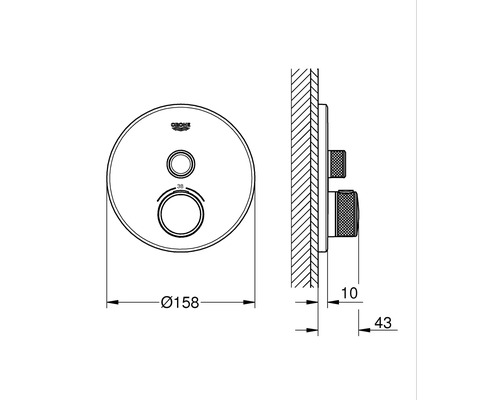 Schéma technique d''un robinet thermostatique Grohe avec dimensions.