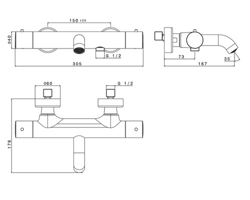 Technische Zeichnung einer Armatur mit Maßangaben
