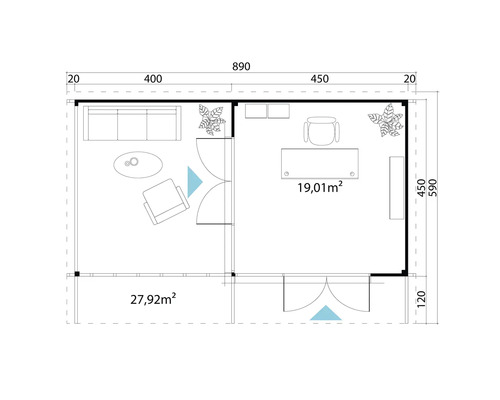 Plan d''un chalet de jardin avec espace de vie et de travail