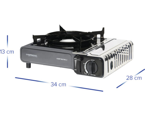Campingaz Kocher Camp Bistro 3 mit den Maßen 13 cm Höhe, 34 cm Länge und 28 cm Breite