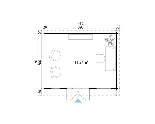 Plan d''un chalet de jardin avec mobilier et dimensions.