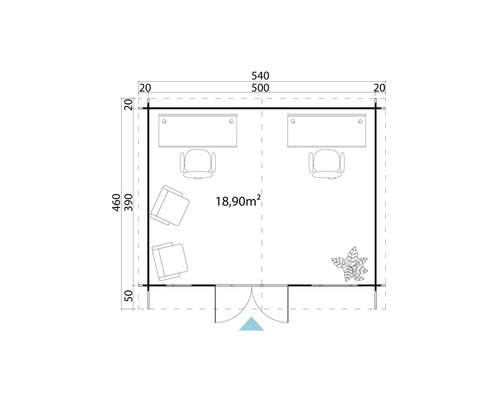 Plan d''un abri de jardin avec mobilier de bureau et une superficie de 18,90 mètres carrés.