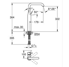 Technische Zeichnung einer Armatur mit Maßangaben