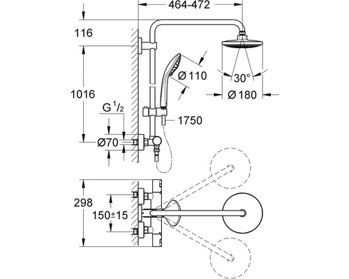 Schéma technique d''un système de douche avec indications de dimension