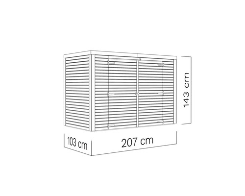 Dessin schématique d''un abri de jardin mesurant 207 x 103 x 143 centimètres