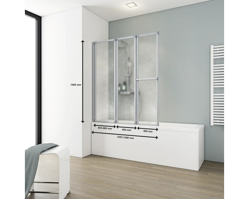 Badewannenaufsatz mit drei Elementen und Massangaben im Badezimmer