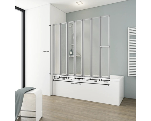 Pare-baignoire avec plusieurs éléments et indications de dimensions dans une salle de bain