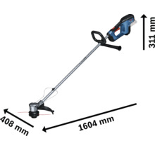 Coupe-bordures sans fil avec des dimensions de 1604 mm de longueur, 408 mm de largeur et 311 mm de hauteur.