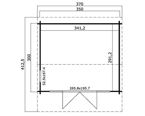 Grundrisszeichnung eines Gartenhauses mit Maßangaben