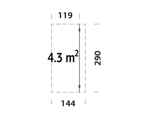 Plan avec les dimensions 119, 144 et 290 et l''indication 4,3 mètres carrés