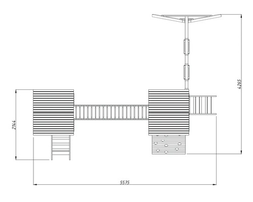 Vue de dessus d''une aire de jeux avec deux tours de jeux, un pont suspendu, un mur d''escalade et un toboggan avec les dimensions 2144, 4265 et 5575.