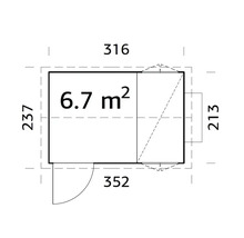 Grundrisszeichnung eines Gartenhauses mit Flächenangabe und Massangaben