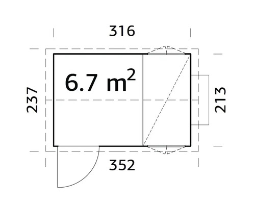 Grundrisszeichnung eines Gartenhauses mit Flächenangabe und Massangaben