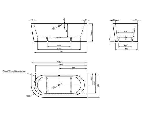 Schéma technique d''une baignoire avec dimensions
