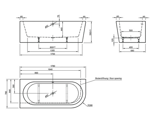 Schéma technique d''une baignoire avec dimensions