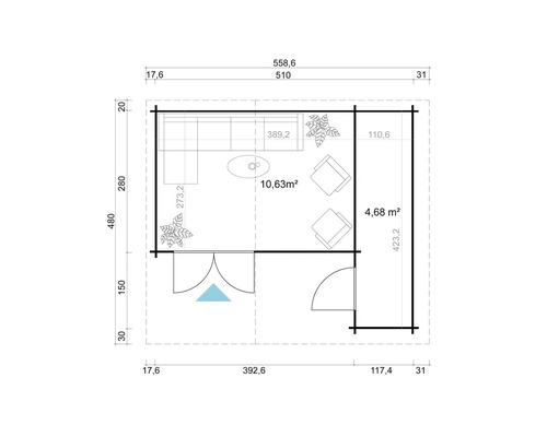 Grundriss eines Gartenhauses mit Möbeln und Maßangaben